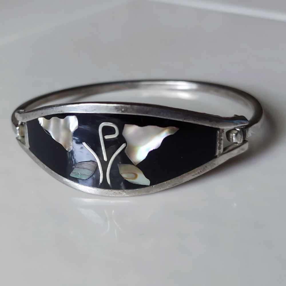 Mexico Alpaca Black Silver Mother of Pearl Abalone Bracelet 6.5 Small +Gift Bag